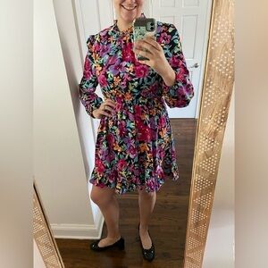 Shein Vibrant Floral Long Sleeve Ruffle Dress Black Pink Multicolored Curve 1X